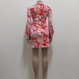 Plus Size Print V Neck Long Sleeve Tie Up Mini Dress SMR-10968
