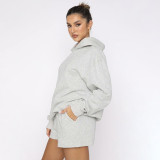Solid Color Hooded Sweatshirt Two Piece Shorts Set SSNF-211280
