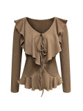Ruffles V Neck Long Sleeve Tops GZJF-2655