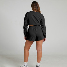 Solid Color Long Sleeve Sweatshirt Two Piece Shorts Set SSNF-211129