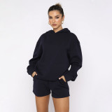 Solid Color Hooded Sweatshirt Two Piece Shorts Set SSNF-211280