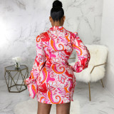 Plus Size Print V Neck Long Sleeve Tie Up Mini Dress SMR-10968