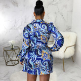 Plus Size Print V Neck Long Sleeve Tie Up Mini Dress SMR-10968