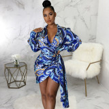 Plus Size Print V Neck Long Sleeve Tie Up Mini Dress SMR-10968