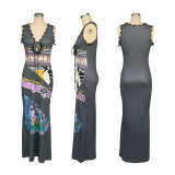 Tie Up V Neck Print Sleeveless Maxi Dress SFY-616