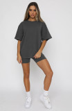 Short Sleeve Solid Color Two Piece Shorts Set SSNF-211051
