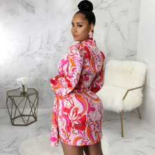 Plus Size Print V Neck Long Sleeve Tie Up Mini Dress SMR-10968