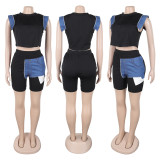 Denim Patchwork Short Sleeve Two Piece Shorts Set GTYZ-7552