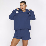Solid Color Hooded Sweatshirt Two Piece Shorts Set SSNF-211280