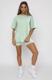 Short Sleeve Solid Color Two Piece Shorts Set SSNF-211051