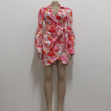 Plus Size Print V Neck Long Sleeve Tie Up Mini Dress SMR-10968