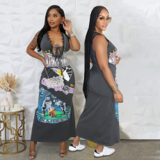 Tie Up V Neck Print Sleeveless Maxi Dress SFY-616