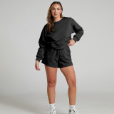 Solid Color Long Sleeve Sweatshirt Two Piece Shorts Set SSNF-211129