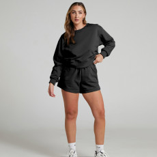 Solid Color Long Sleeve Sweatshirt Two Piece Shorts Set SSNF-211129