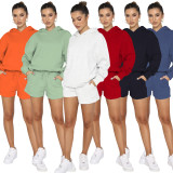 Solid Color Hooded Sweatshirt Two Piece Shorts Set SSNF-211280