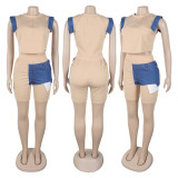 Denim Patchwork Short Sleeve Two Piece Shorts Set GTYZ-7552