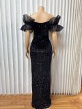 Sequin Ruffles V Neck Split Maxi Dress GMYU-2665