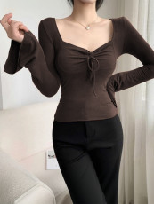 Square Neck Flare Long Sleeve T Shirt GZJF-2658