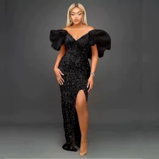 Sequin Ruffles V Neck Split Maxi Dress GMYU-2665