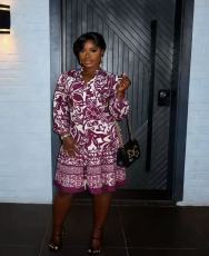 Print V Neck Long Sleeve Midi Dress GMYU-8548