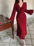 V Neck Flare Sleeve Long Dress GZJF-10208