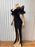 Sequin Ruffles V Neck Split Maxi Dress GMYU-2665