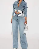 Fashion Denim Long Sleeve Coat Two Piece Pants Set GMYU-6518