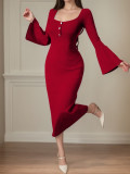 Square Neck Flare Sleeve Knits Midi Dress GZJF-10201