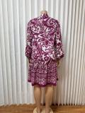 Print V Neck Long Sleeve Midi Dress GMYU-8548