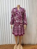 Print V Neck Long Sleeve Midi Dress GMYU-8548