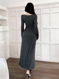 V Neck Long Sleeve Tie Up Maxi Dress GZJF-10207