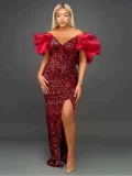 Sequin Ruffles V Neck Split Maxi Dress GMYU-2665
