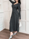 V Neck Long Sleeve Tie Up Maxi Dress GZJF-10207
