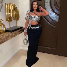 Hot Drill Slash Shoulder Tank Tops Long Skirts Suit GMYU-8628