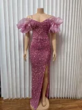 Sequin Ruffles V Neck Split Maxi Dress GMYU-2665