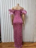 Sequin Ruffles V Neck Split Maxi Dress GMYU-2665