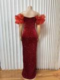 Sequin Ruffles V Neck Split Maxi Dress GMYU-2665