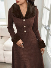 Fur Collar Patchwork Long Sleeve Maxi Dress GZJF-10209