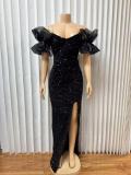 Sequin Ruffles V Neck Split Maxi Dress GMYU-2665