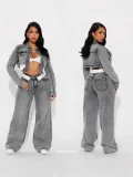 Fashion Denim Long Sleeve Coat Two Piece Pants Set GMYU-6518