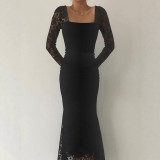 Lace Patchwork Square Neck Ruched Long Dress GZJF-10191