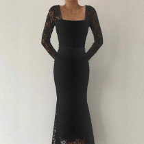 Lace Patchwork Square Neck Ruched Long Dress GZJF-10191
