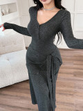 V Neck Long Sleeve Tie Up Maxi Dress GZJF-10207