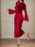 Square Neck Flare Sleeve Knits Midi Dress GZJF-10201