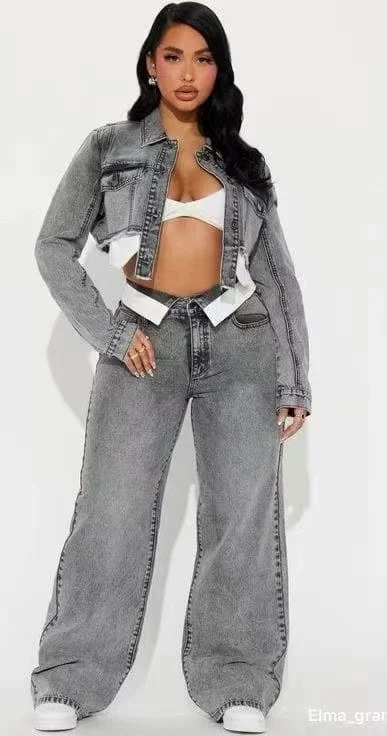 Fashion Denim Long Sleeve Coat Two Piece Pants Set GMYU-6518