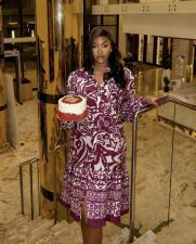 Print V Neck Long Sleeve Midi Dress GMYU-8548