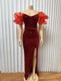 Sequin Ruffles V Neck Split Maxi Dress GMYU-2665