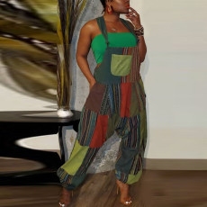 Plus Size Multicolor Print Loose Overalls Jumpsuit ZDF-31233
