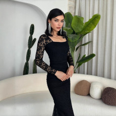 Lace Patchwork Square Neck Ruched Long Dress GZJF-10191