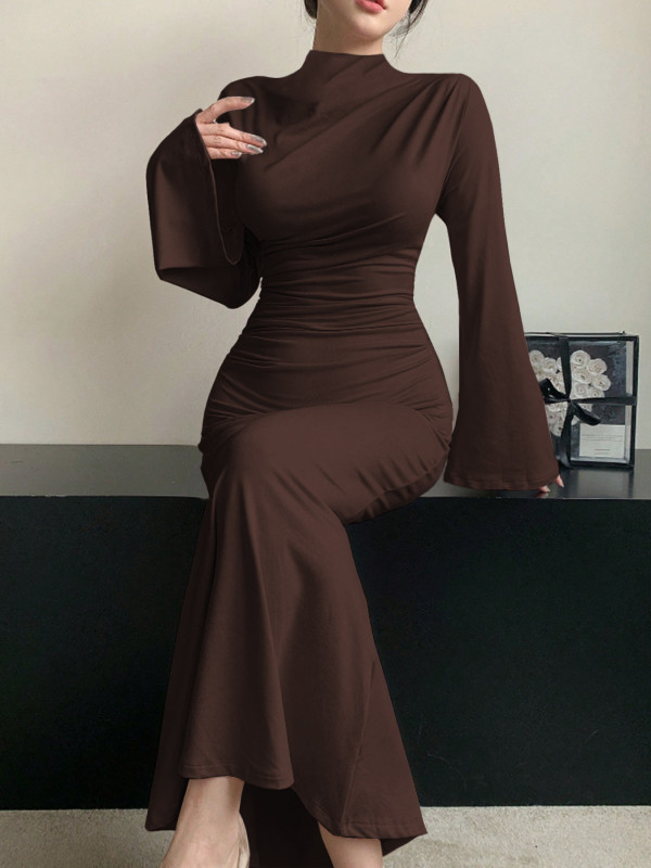 Flare Sleeve Half-high Collar Long Dress GZJF-10199